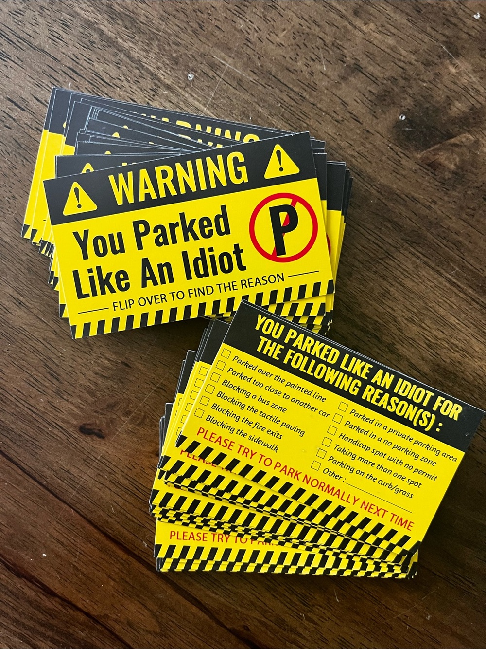 Yellow "You Parked Like An Idiot" Parking Warning Cards 30 count